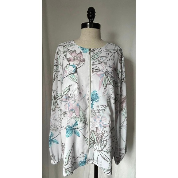 CHICO'S White Floral Zip Front Blouse Top Polyester Lined Womens 2 (L) - Picture 1 of 6
